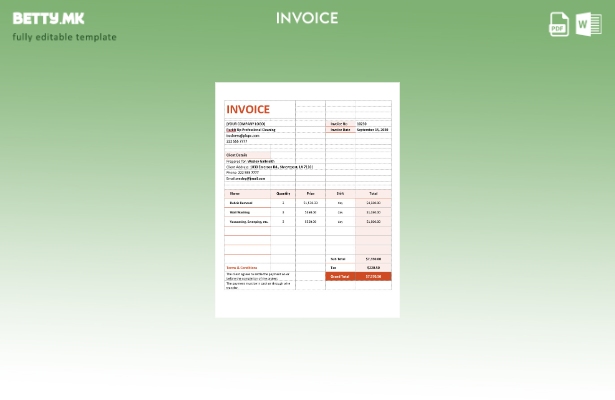 Шаблон за фактура за договор за договор за услуги за чистење во модерен стил